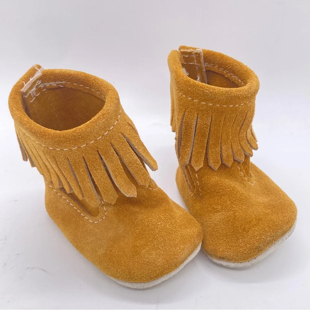 Taos Baby Moccasins Tan Leather Hook and Loop Back Fringe